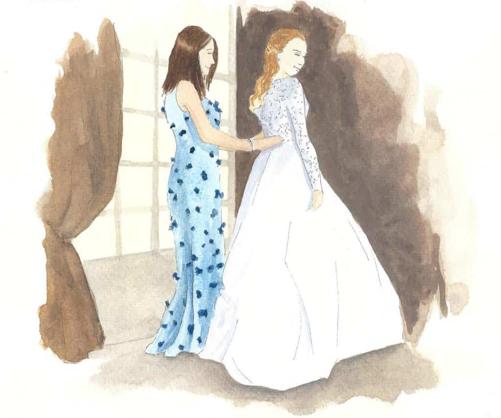 painting of a bride with a beatutiful wedding dress, and her mother