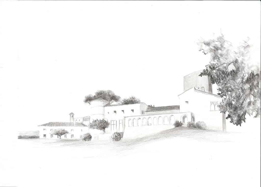 Drawing of the luxury wedding venue Chateau Castellaras (French Riviera) for a bespoke wedding stationery